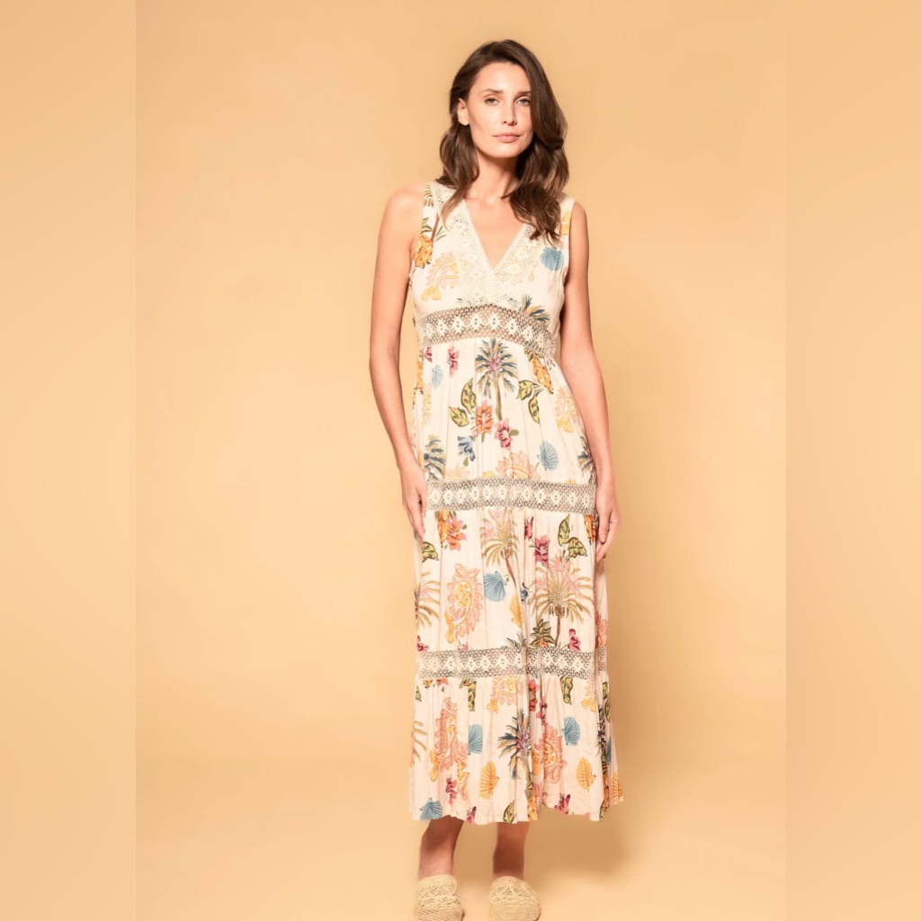 Z&L Europe Asilah Cream Tropical Print Lace Accent Maxi Dress Xl Petite Nwt